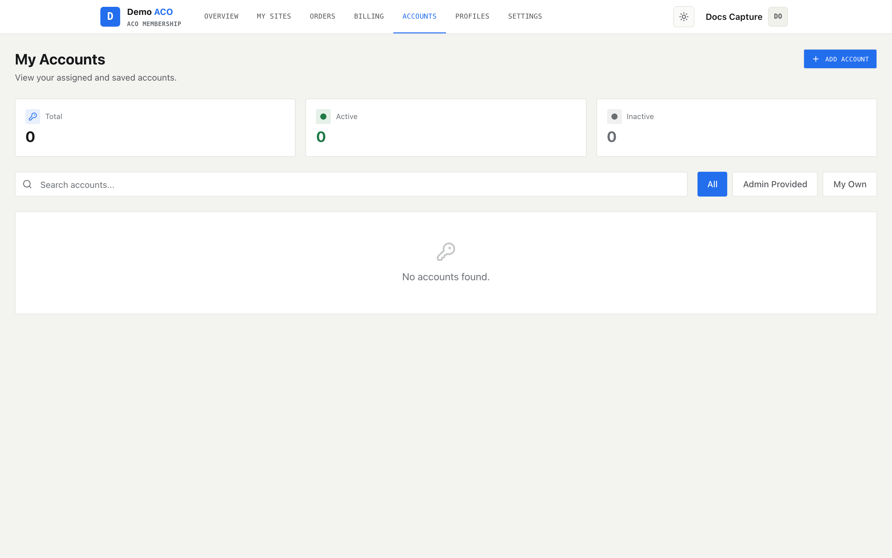 The My Accounts page with total/active/inactive tiles, filter tabs and a list of accounts with store, source and status badges