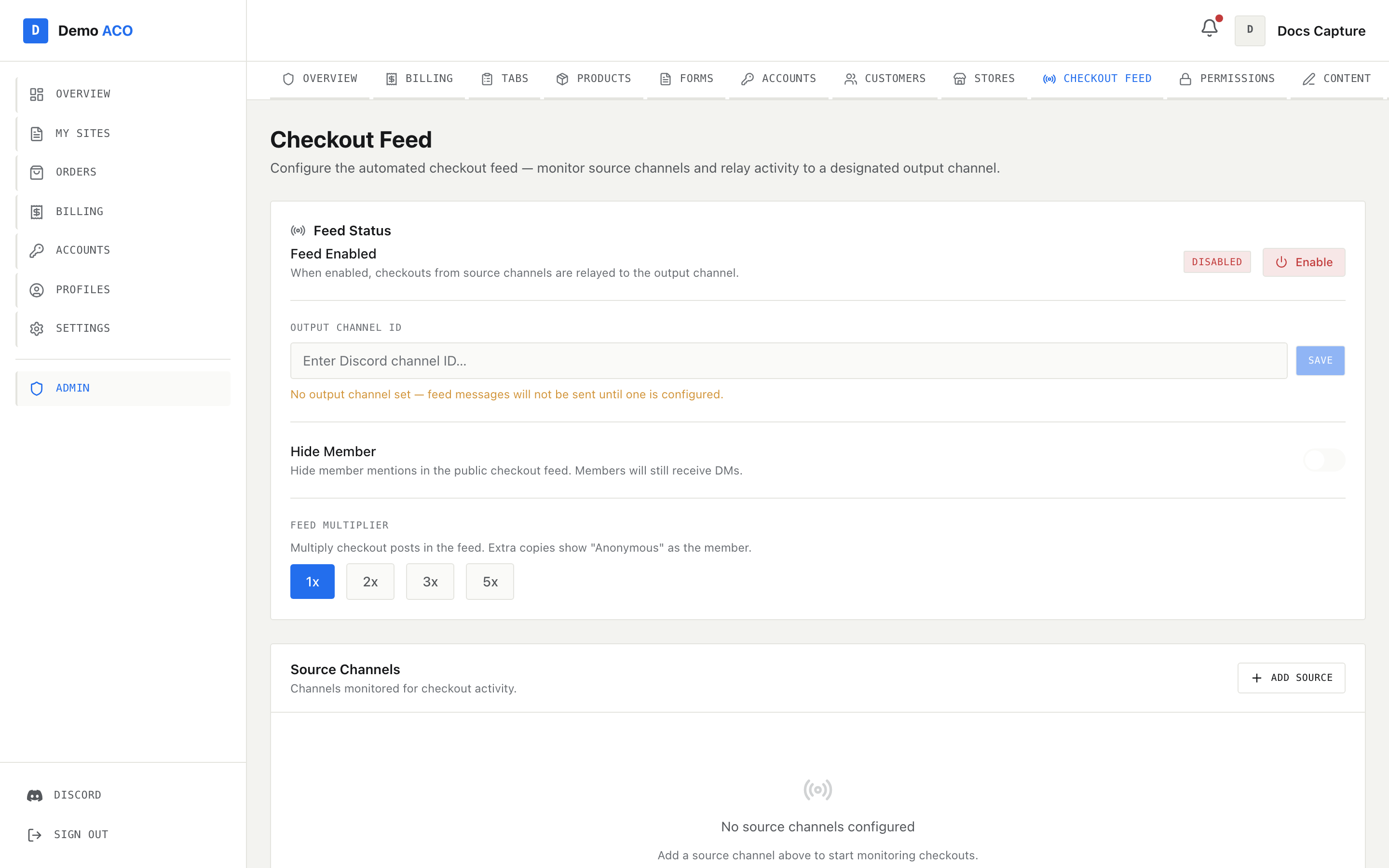 The Checkout Feed admin page showing feed status, output channel and source channels