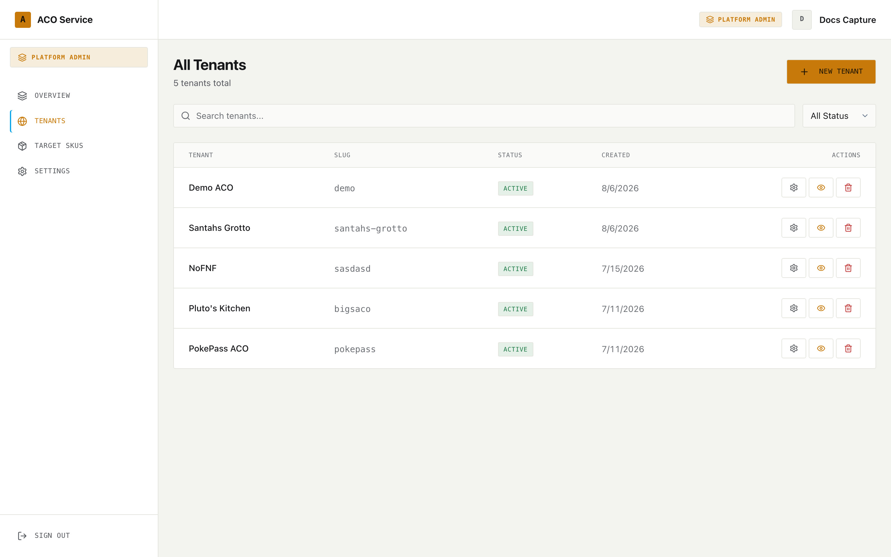 The platform tenants list