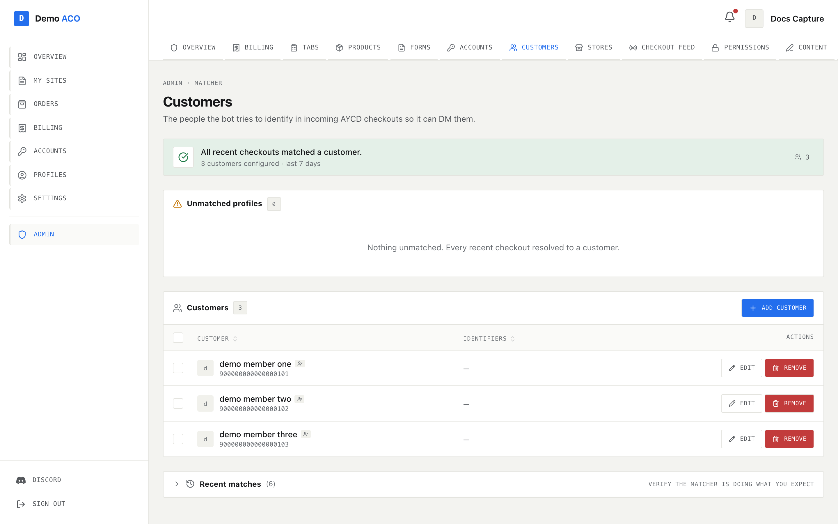 The admin Customers page with the health banner, the unmatched profiles panel and the customers table