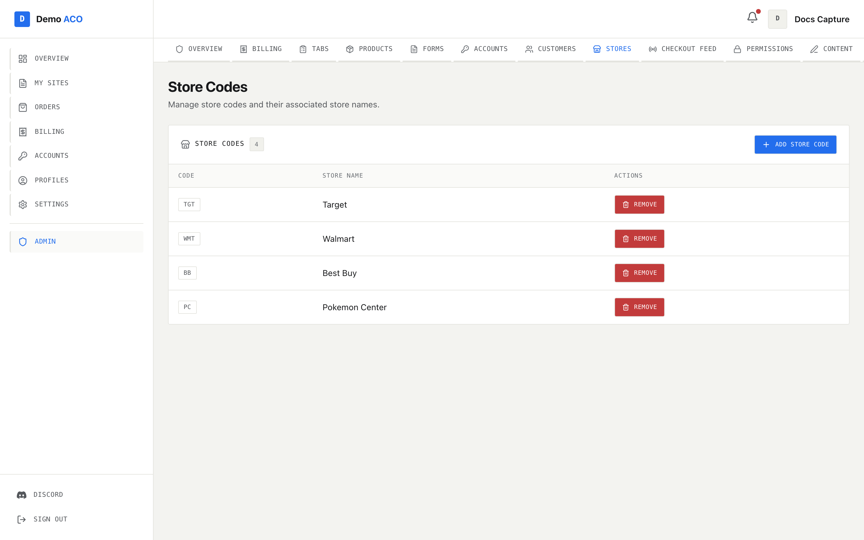 The Store Codes page listing TGT/Target, WMT/Walmart, BB/Best Buy and PC/Pokemon Center with Remove buttons