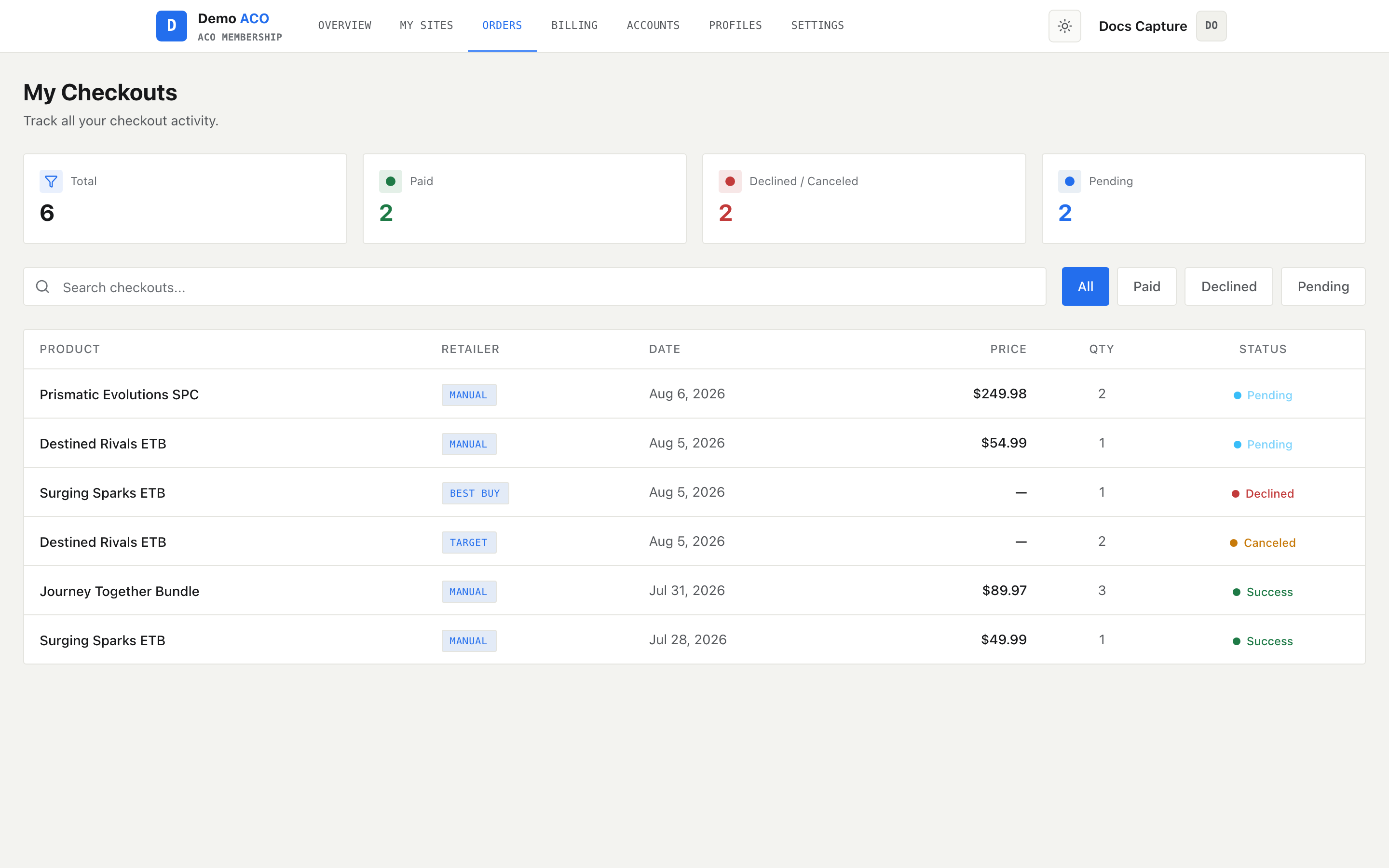 My Checkouts page with four counters, a search box, filter buttons and a table of checkout rows