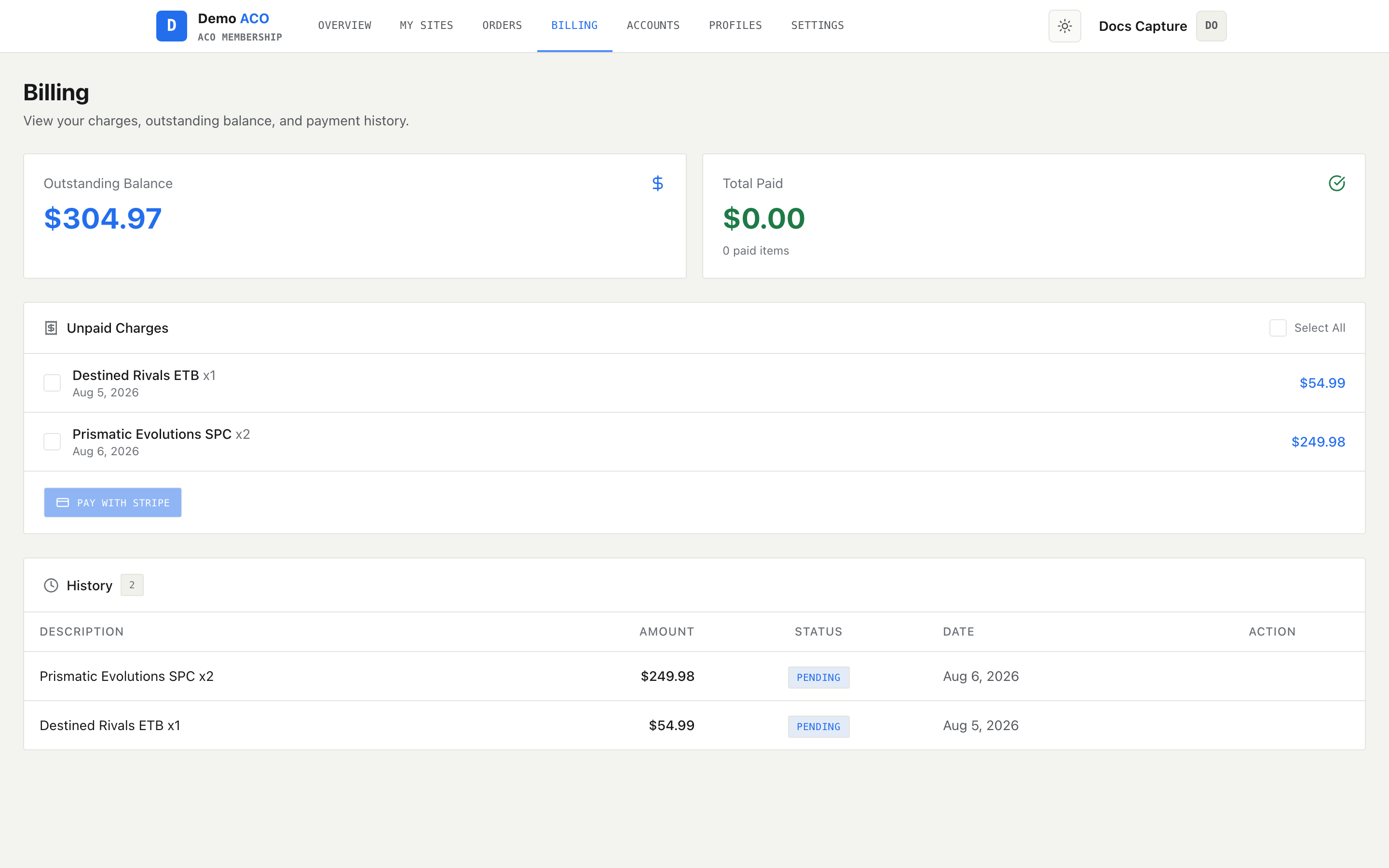 Billing page with outstanding balance and total paid cards, an unpaid charges list with checkboxes, and a history table