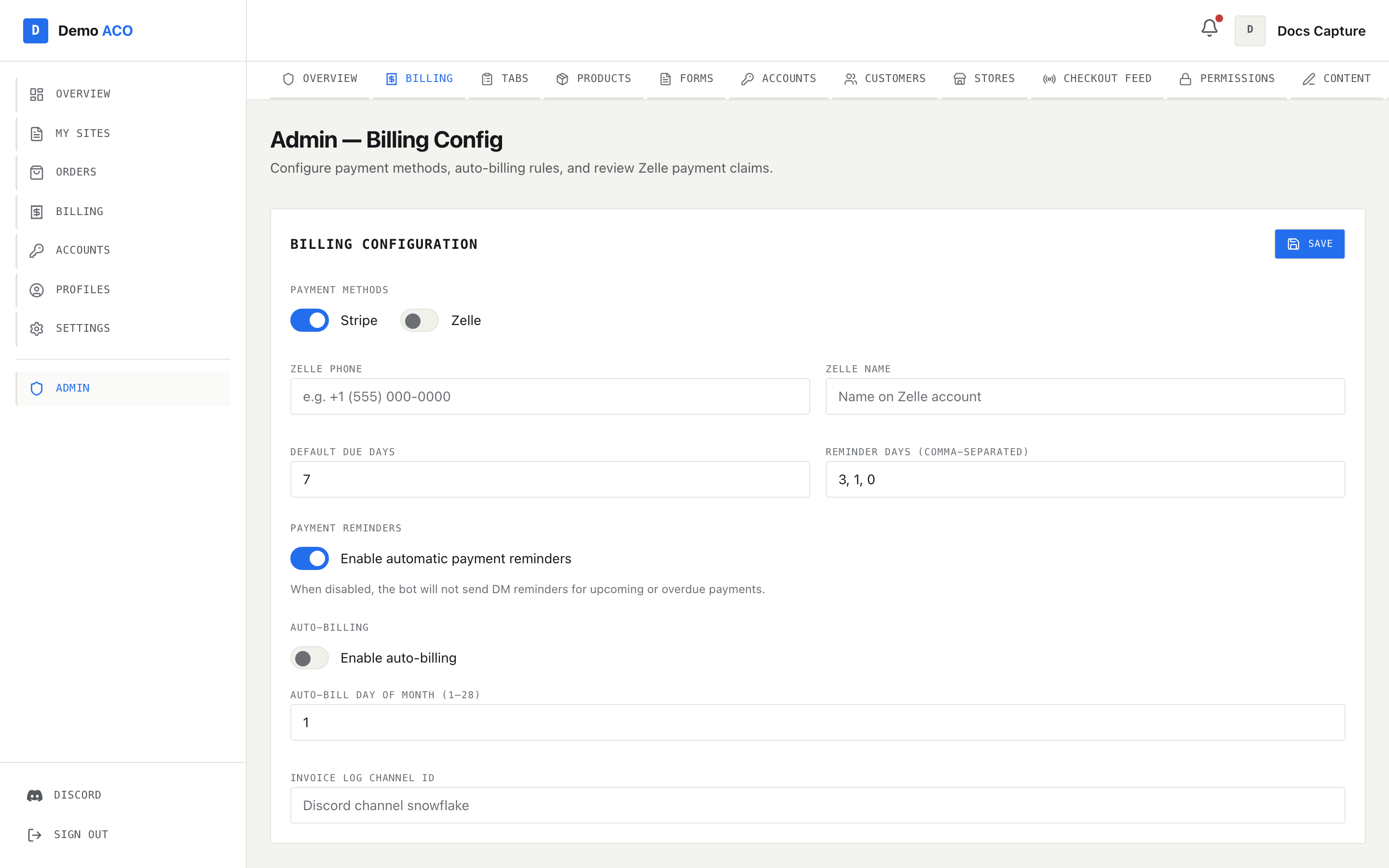 The admin billing page with billing configuration, Zelle claims and the send-invoices table