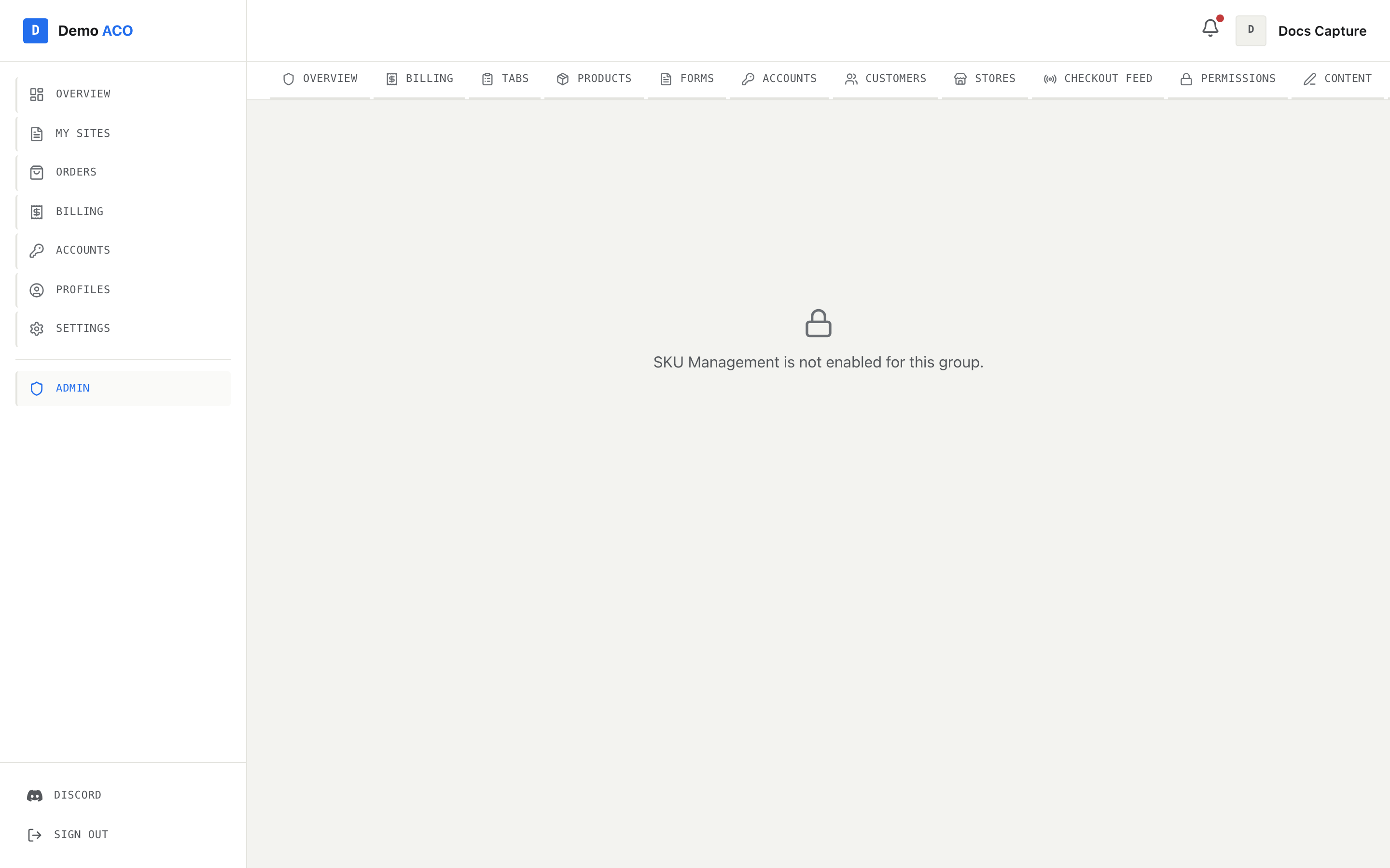 The SKU Management route showing a lock icon and the message that the feature is not enabled