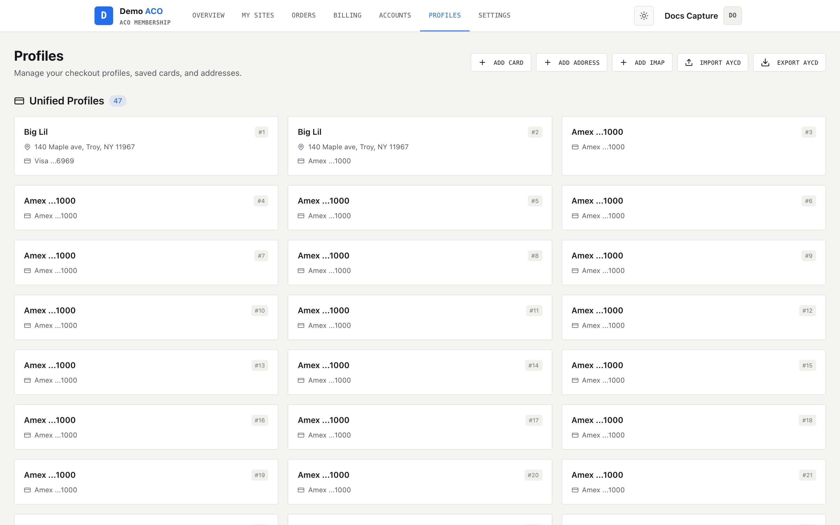 The member Profiles page showing unified profiles, saved cards, addresses and IMAP credentials