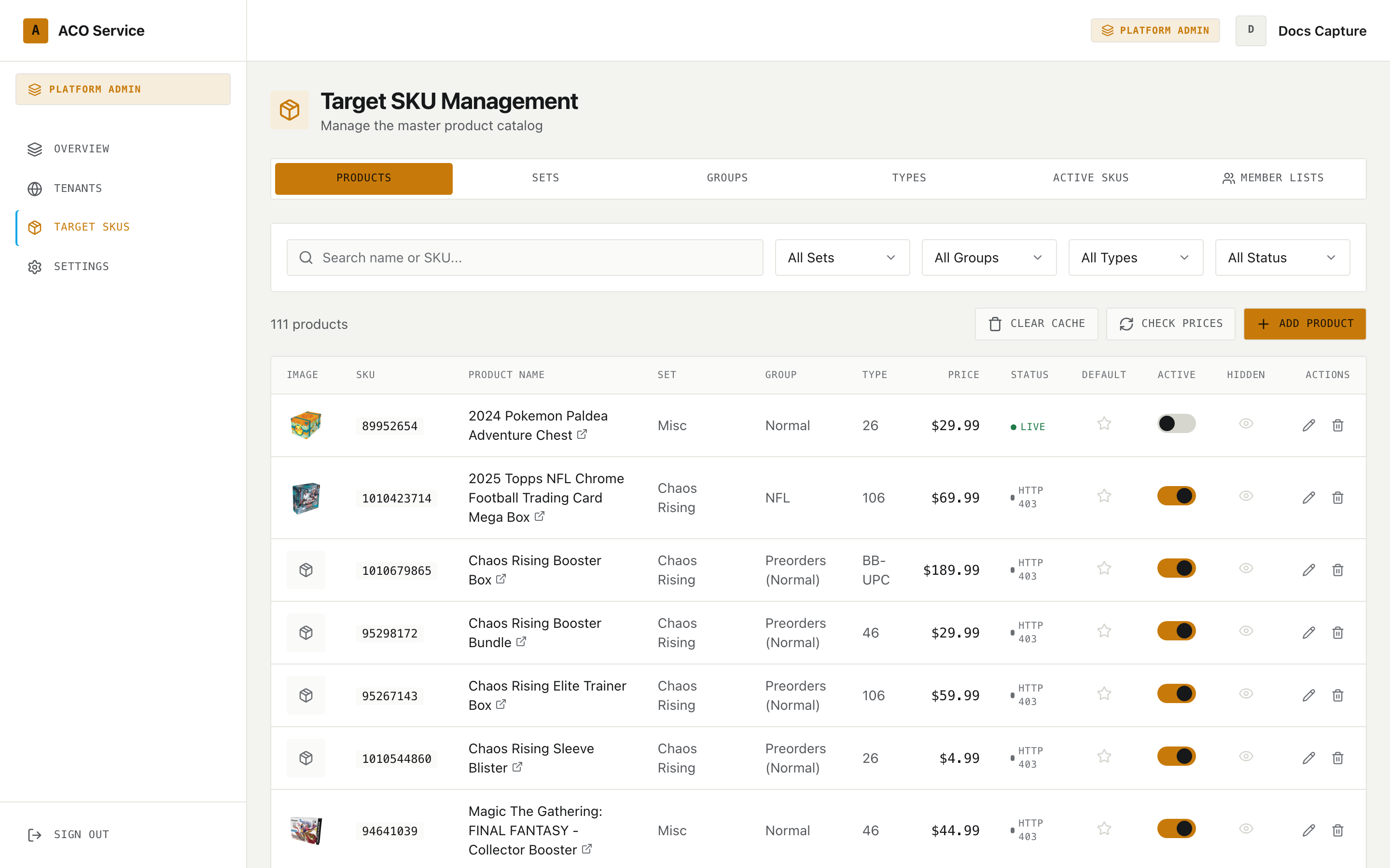 The platform SKU management page showing filters and the product table
