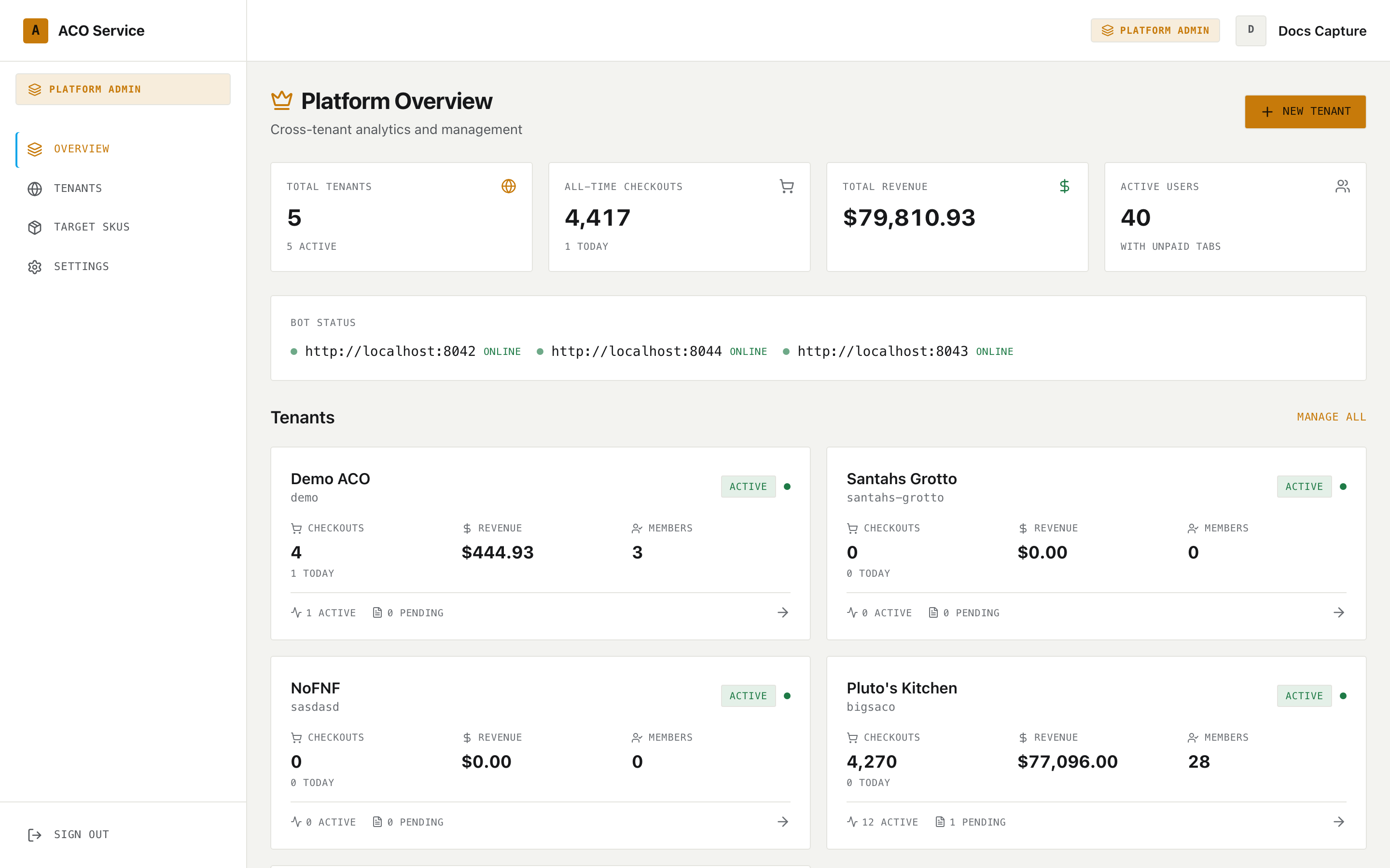 Platform console overview with the platform sidebar