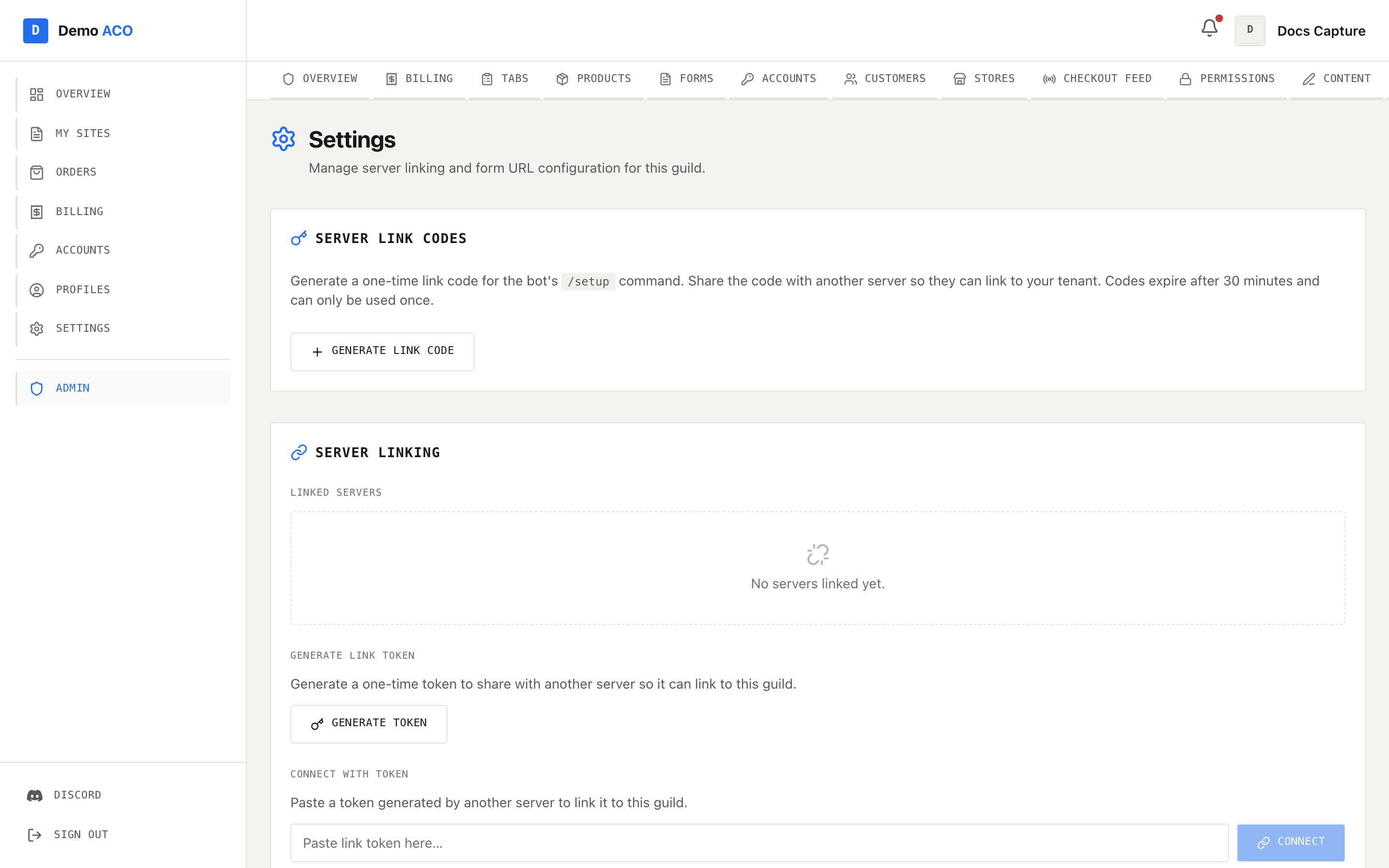 The tenant Settings page listing each feature toggle