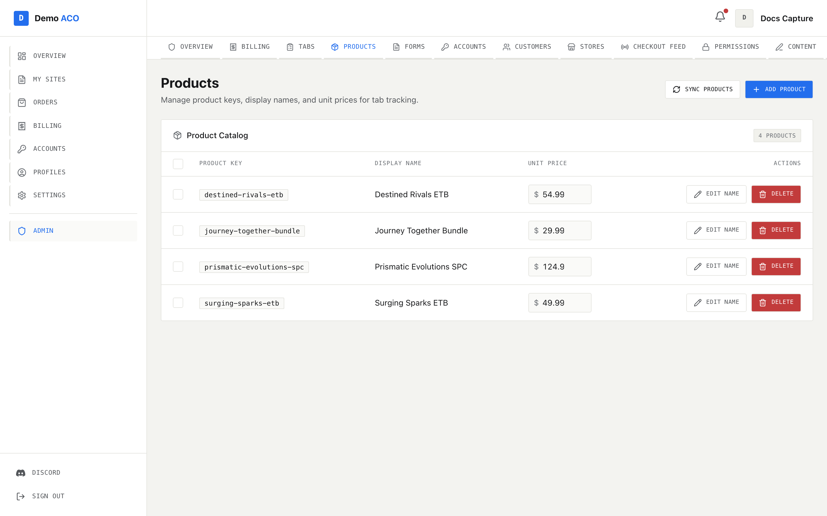 The Products admin page with the product catalog table and inline price fields