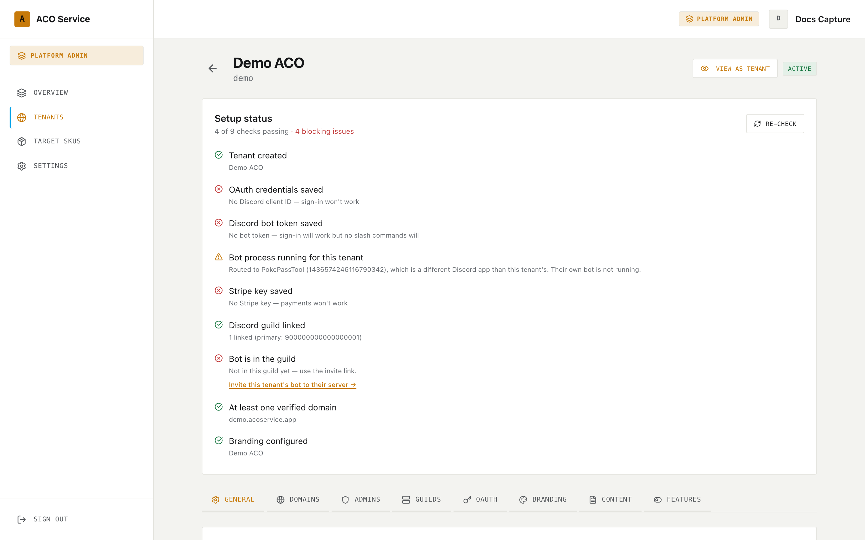The Setup Status checklist on a tenant page, showing passing and failing rows
