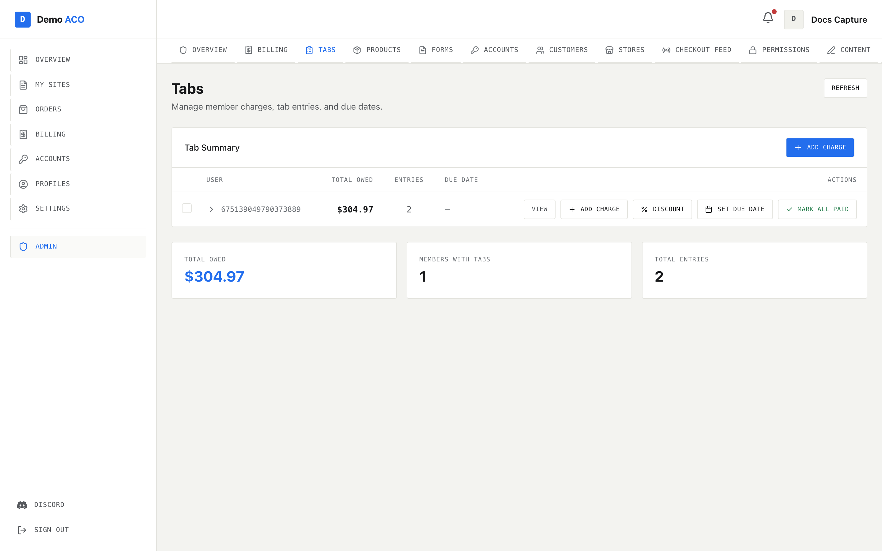 The Tabs admin page showing the tab summary tree and per-member totals