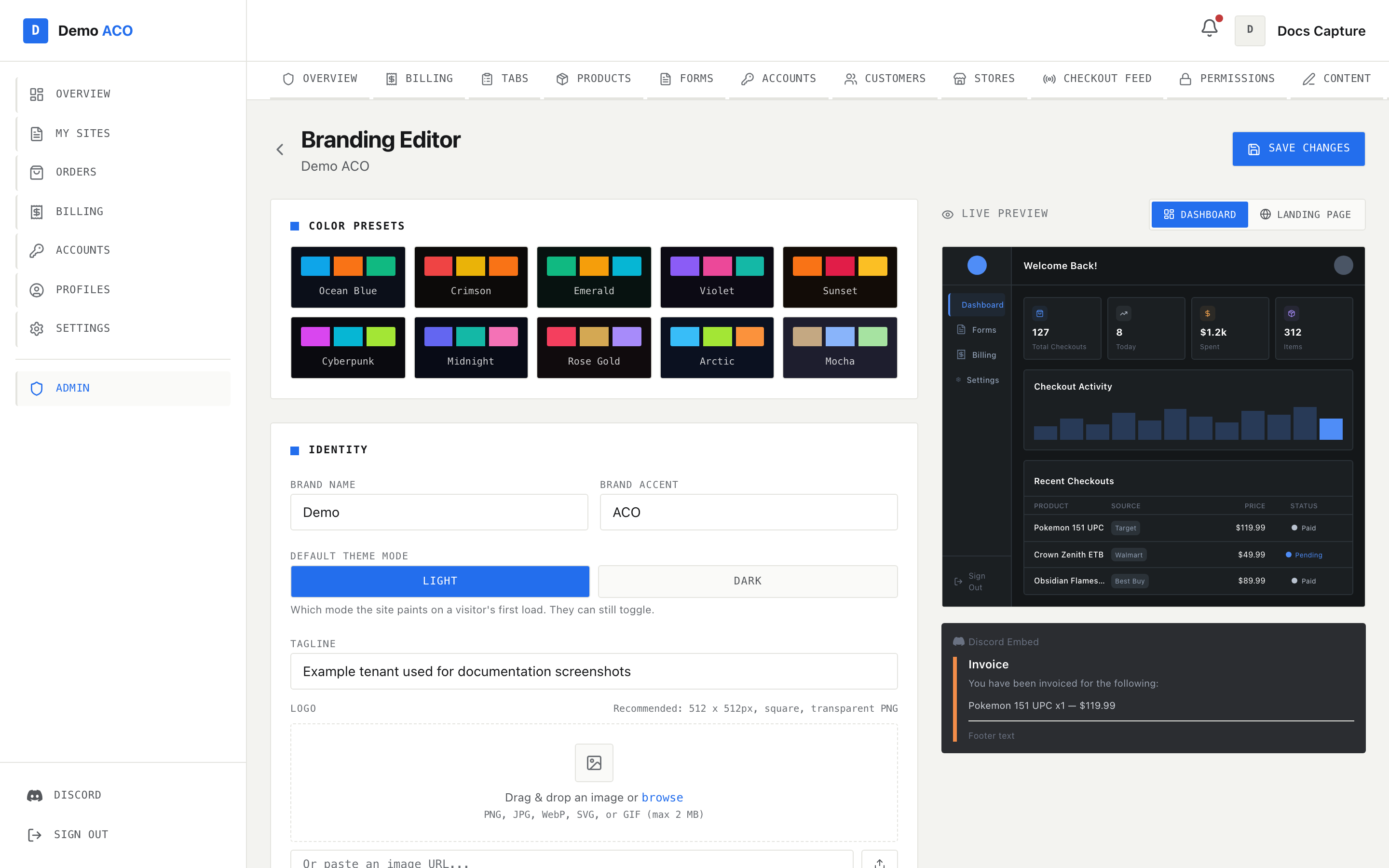 The Branding Editor with colour preset swatches, the Identity section, and a live dashboard preview on the right