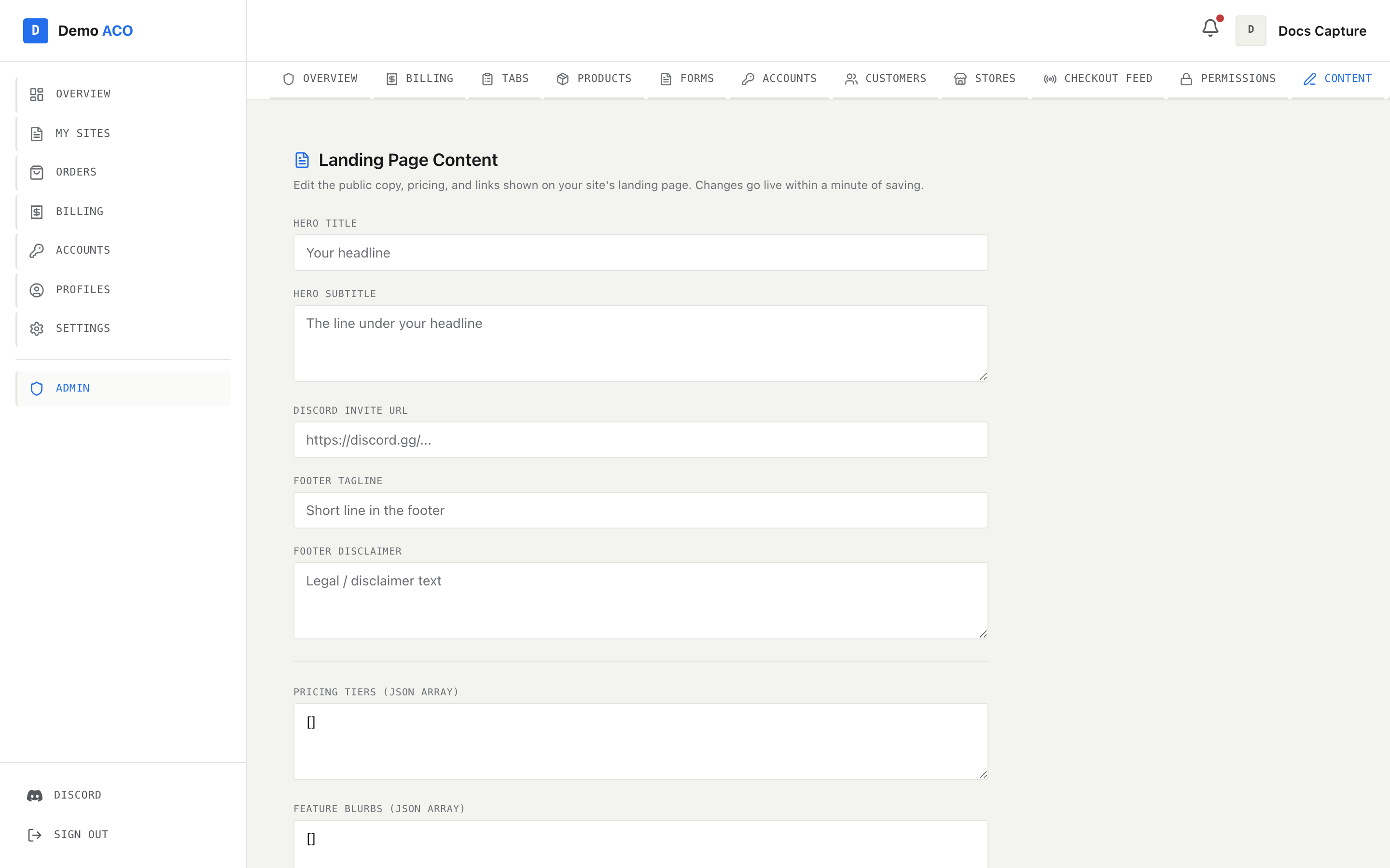 The Landing Page Content editor showing Hero Title, Hero Subtitle, Discord Invite URL, Footer Tagline, Footer Disclaimer and two JSON array boxes