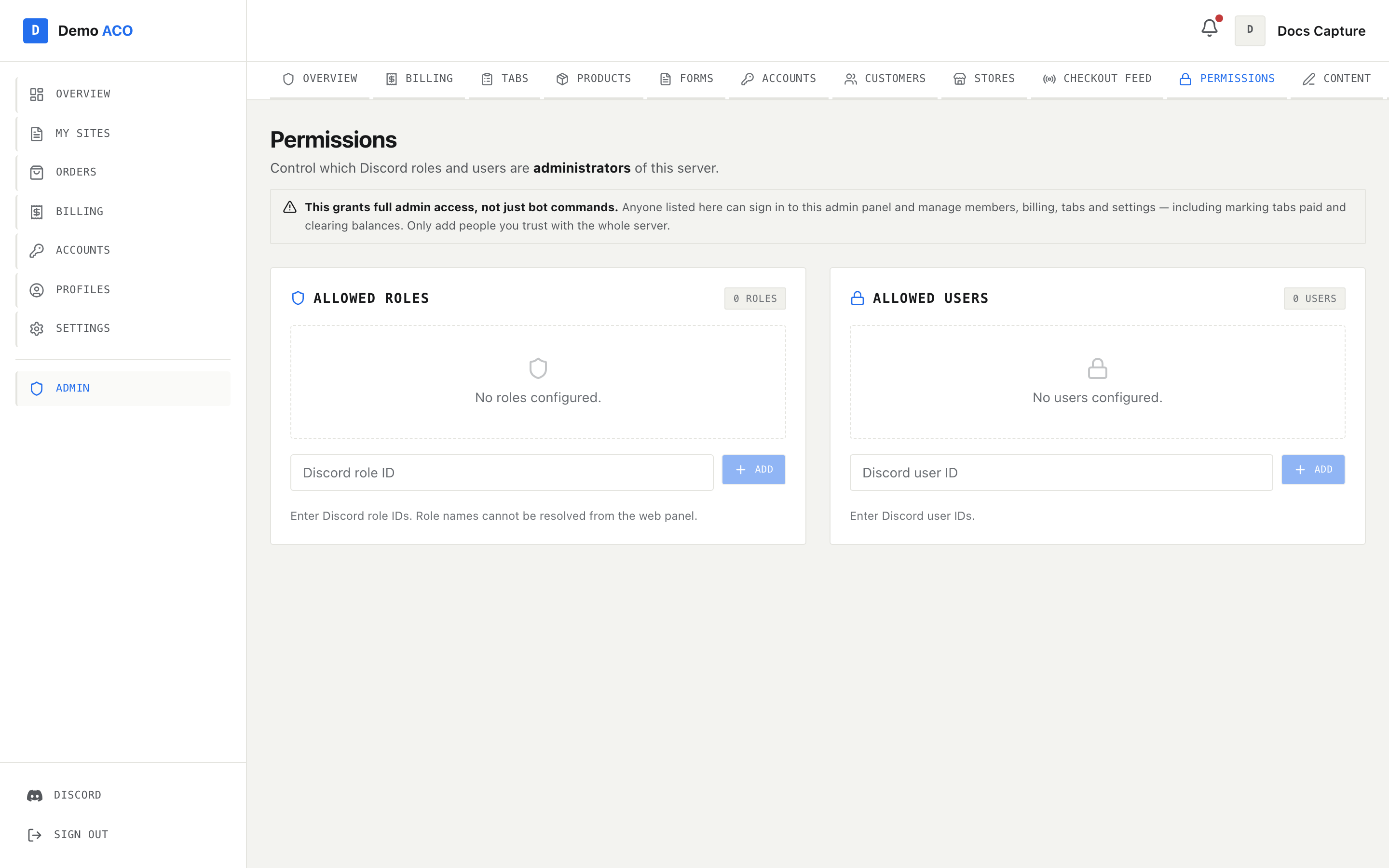 The Permissions page with two empty cards, Allowed Roles and Allowed Users