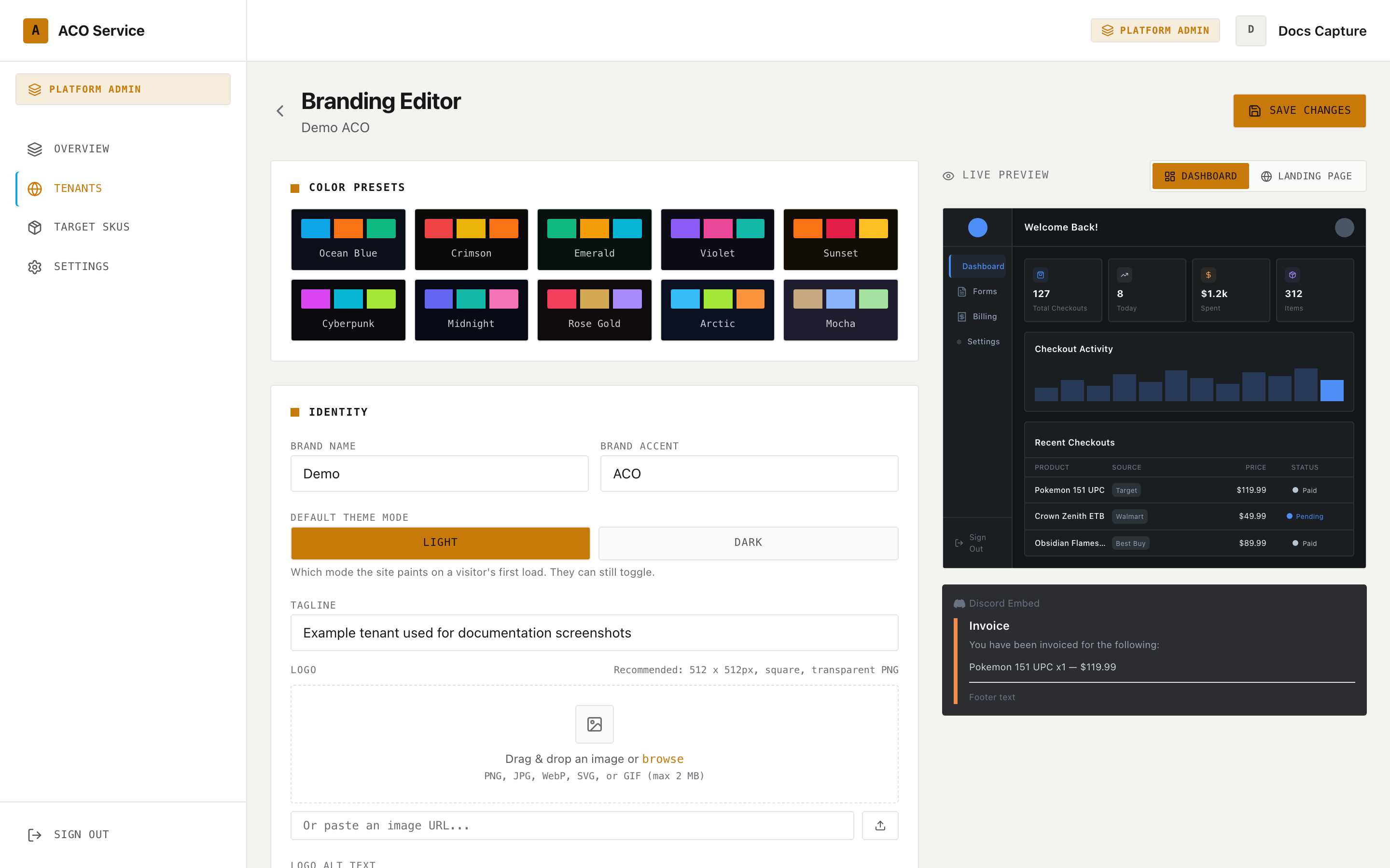 The branding editor opened from the platform console for a specific tenant