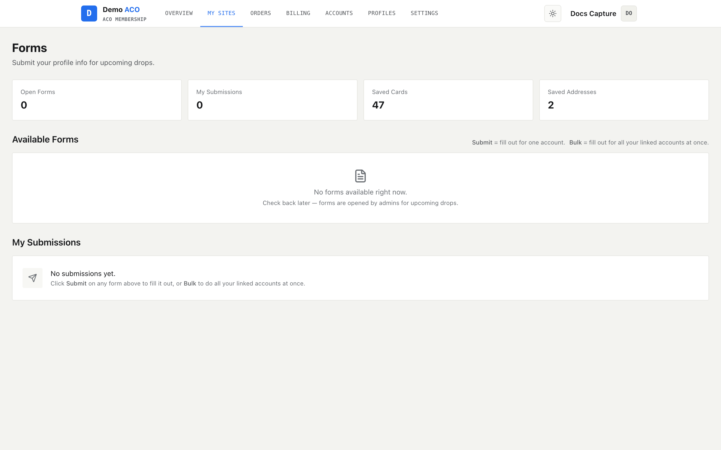 Forms page with four stat tiles, an empty Available Forms panel reading No forms available right now, and an empty My Submissions panel