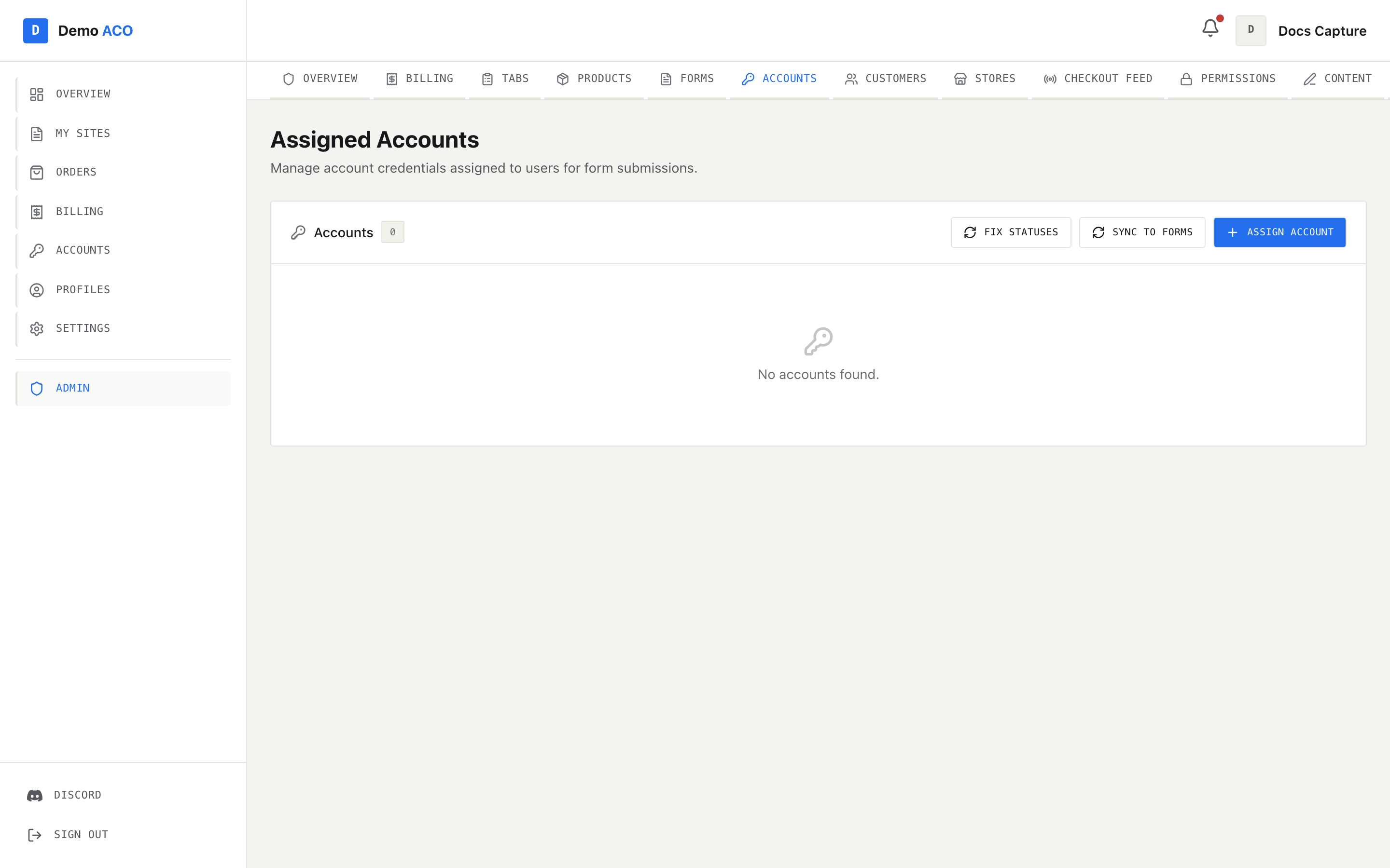 The Assigned Accounts page with an empty account list