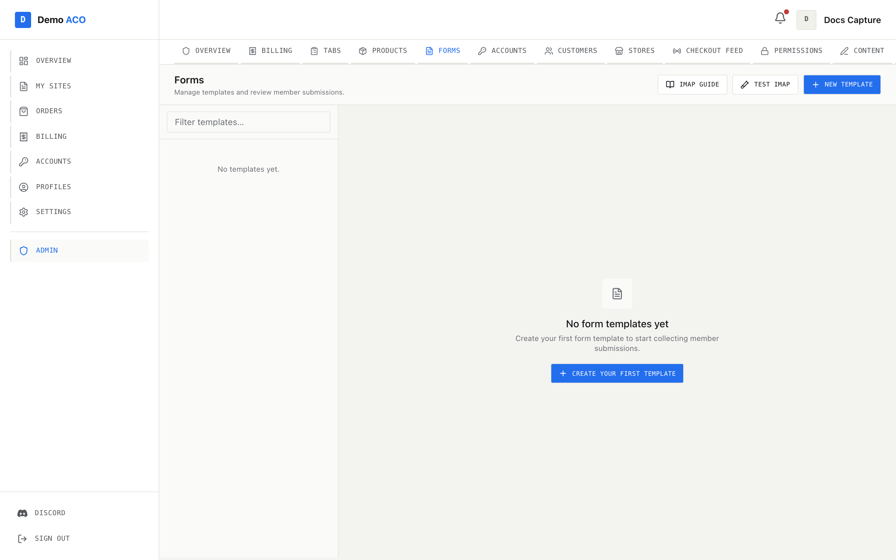 The admin Forms page with no templates created yet